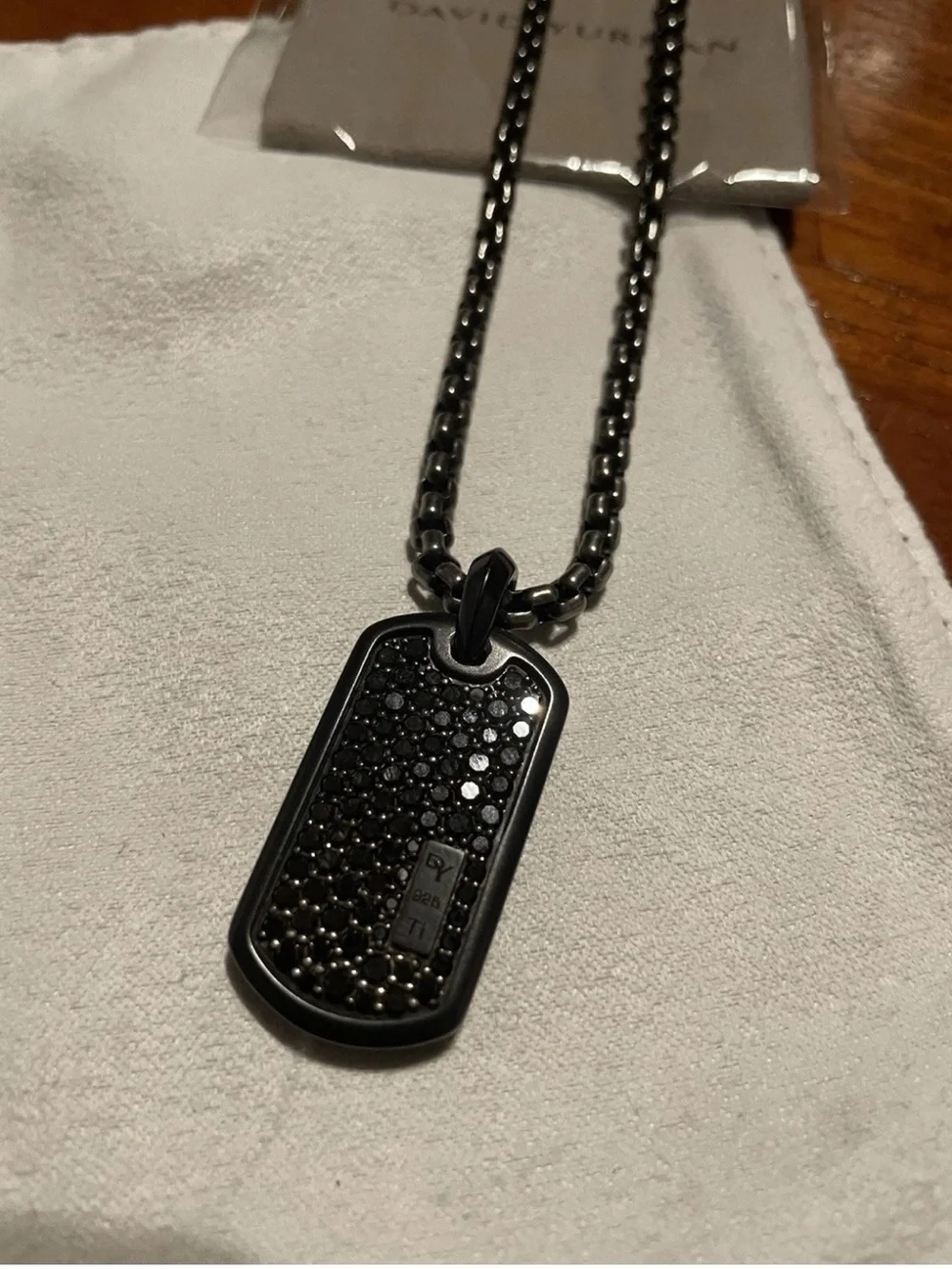 David Yurman Black Pavé Dog Tag Pendant on Black Curb Chain